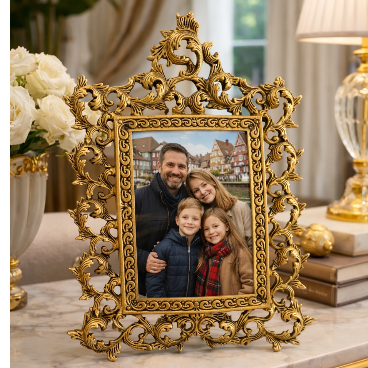 Brass Photo Frame with Vintage Floral Design for Table Decor