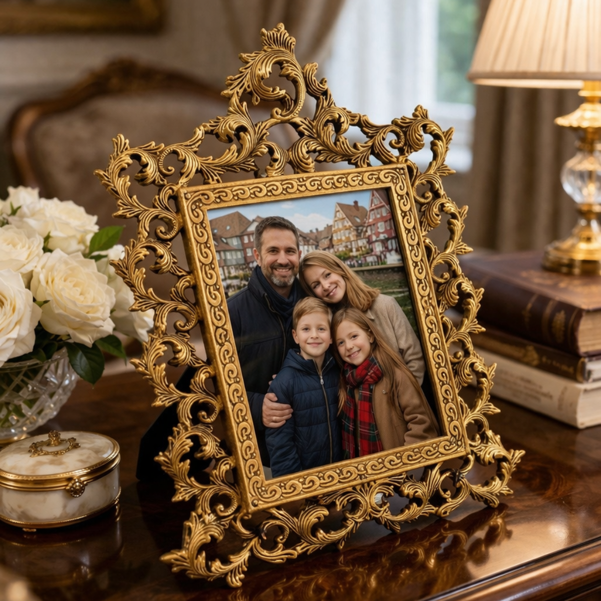 Brass Photo Frame with Vintage Floral Design for Table Decor