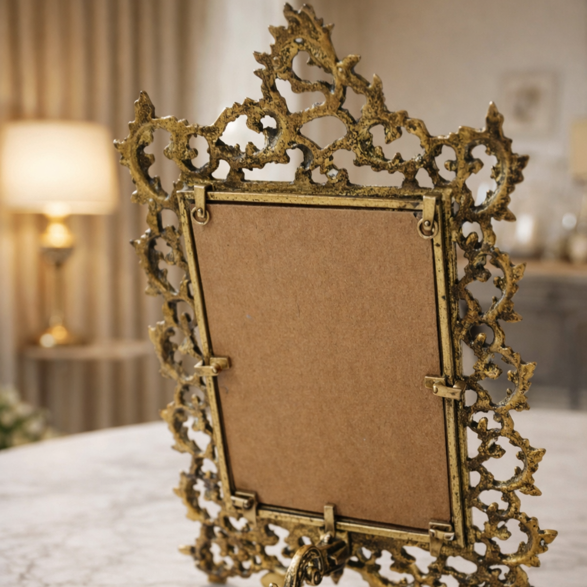 Brass Photo Frame with Vintage Floral Design for Table Decor