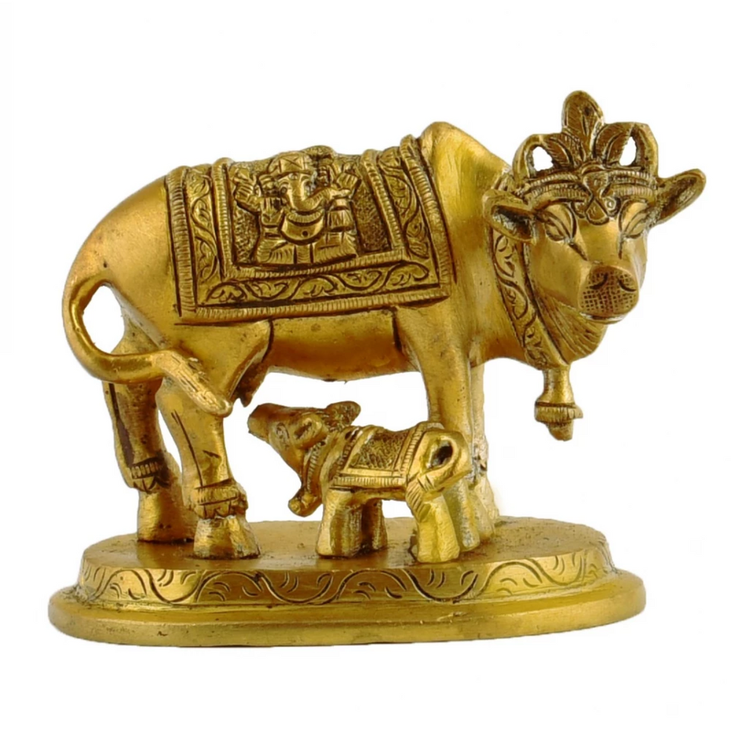 Mahishi,Kamdhenu, Kalyani,Gomata,Vasundhra,Brass Holy Kamdhenu Cow with Calf Figurine