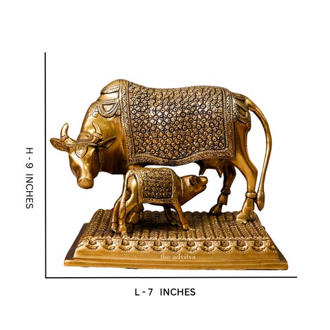 Mahishi,Kamdhenu, Kalyani,Gomata,Vasundhra,Brass Cow with Calf on Platform Large