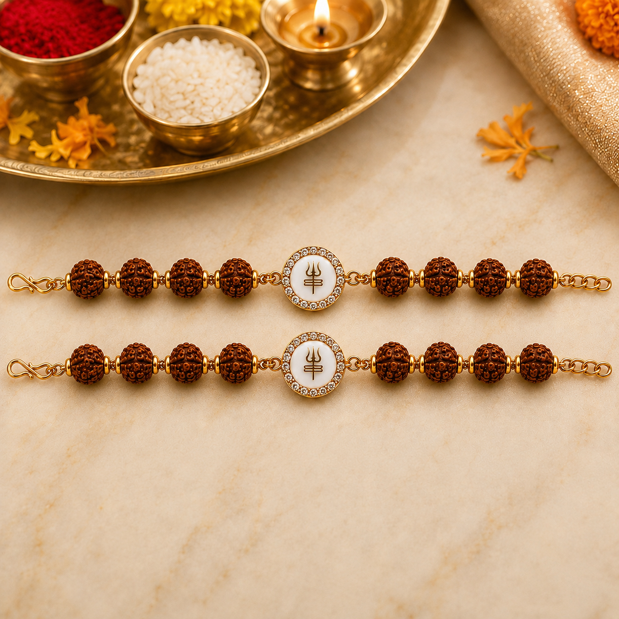 Trishul Rudraksha Rakhi Set – Traditional Raksha Bandhan Rakhi for Brothers – Pack of 2 with Roli Chawal