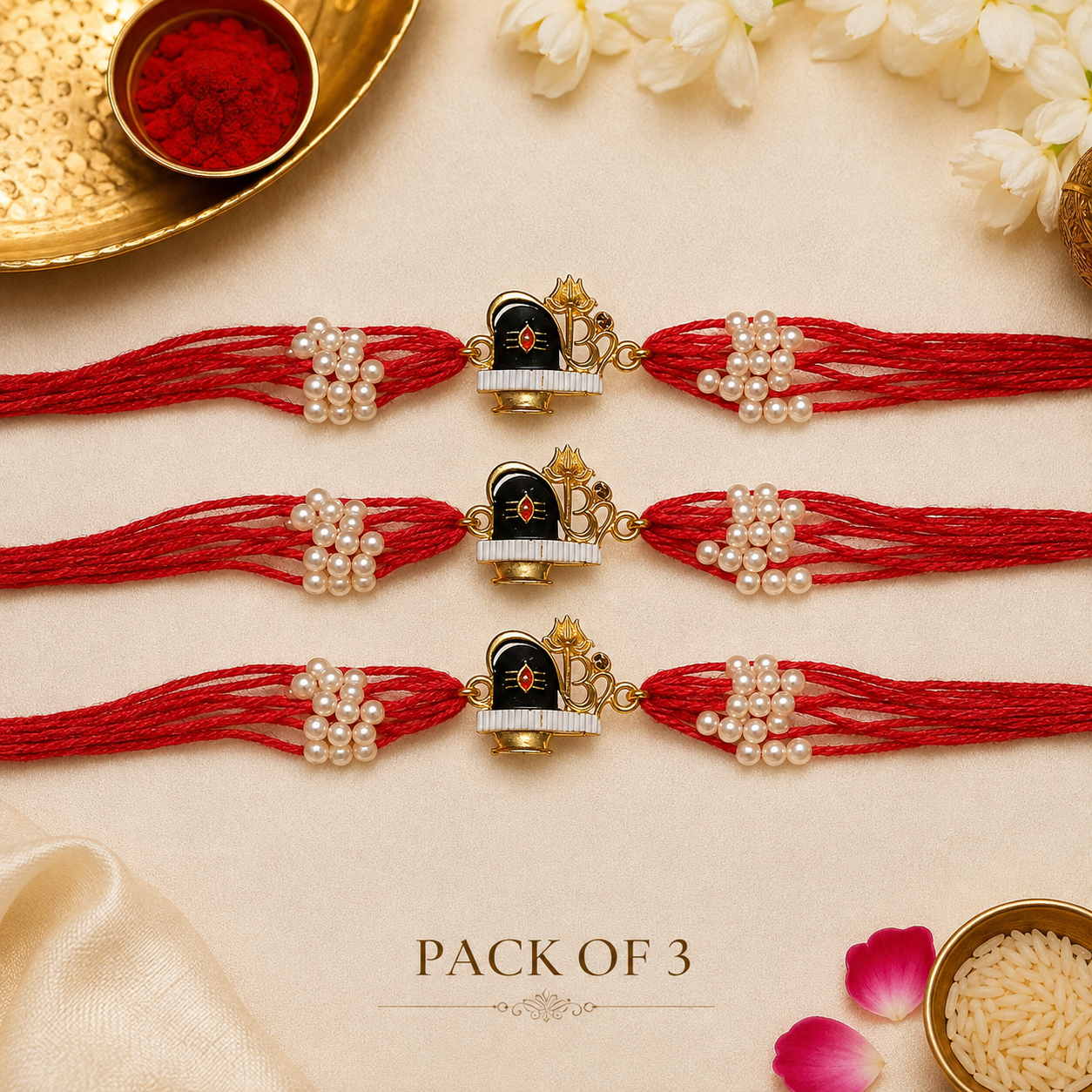 Shiva Lingam & Om Rakhi with Pearl Beads - Traditional Raksha Bandhan Rakhi Set for Brothers - Premium Handmade Rakhi - Pack of 3 with Roli Chawal
