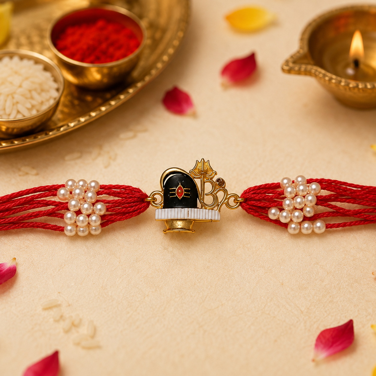 Shiva Lingam & Om Rakhi with Pearl Beads - Traditional Raksha Bandhan Rakhi for Brother - Premium Handmade Rakhi - Pack of 1 with Roli Chawal