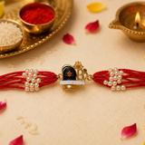 Shiva Lingam & Om Rakhi with Pearl Beads - Traditional Raksha Bandhan Rakhi for Brother - Premium Handmade Rakhi - Pack of 1 with Roli Chawal