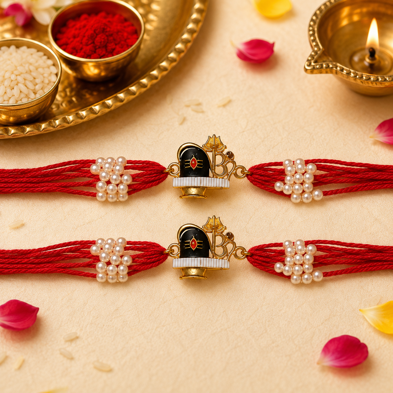 Shiva Lingam & Om Rakhi with Pearl Beads - Traditional Raksha Bandhan Rakhi Set for Brothers - Premium Handmade Rakhi - Pack of 2 with Roli Chawal