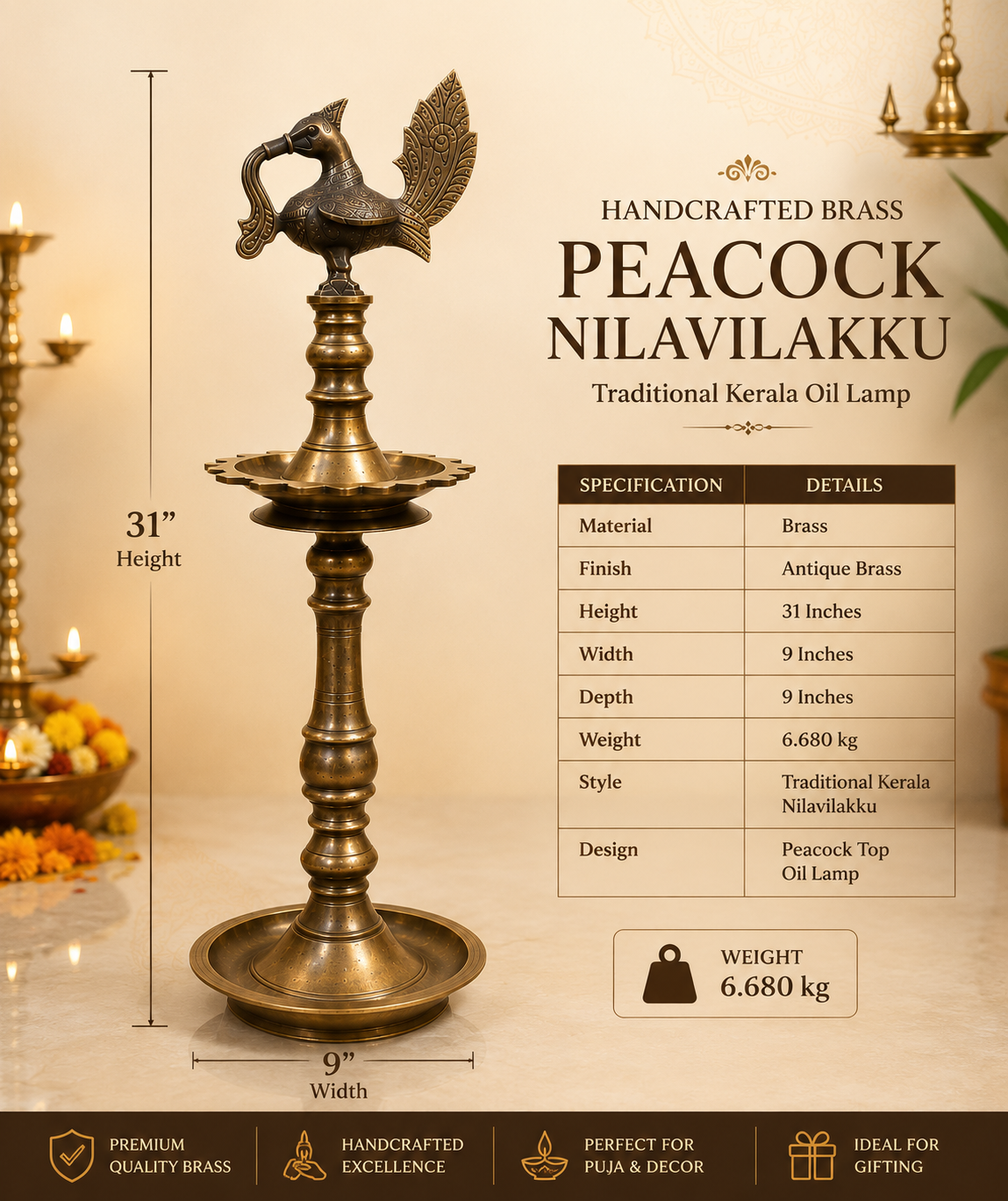 Vintage Old Kerala Brass Peacock Nilavilakku – Traditional Venu Oil Lamp