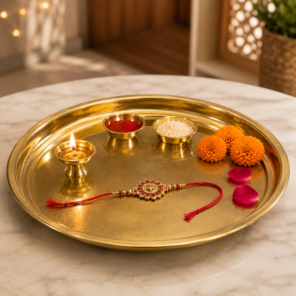 Premium 11-Inch Brass Thali | Pooja Plate Only | Rakhi & Puja Accessories Not Included