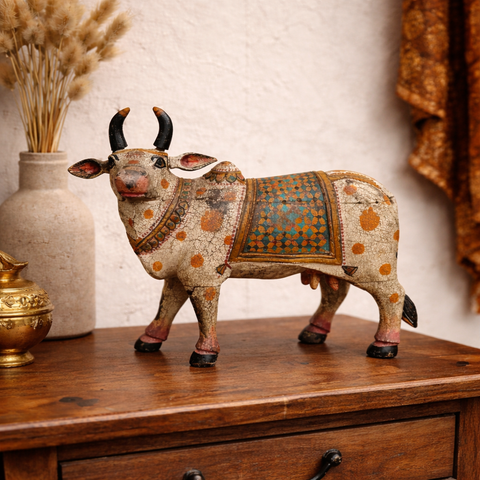 Nandi Sculpture Wooden | Sacred Shiva Bull Decor for Home and Temple | 19 inch