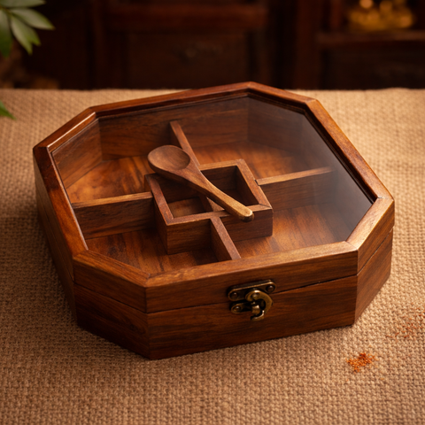 Classic Indian Wooden Spice Organizer with Transparent Lid | 5 Partition Masala Box with Spoon - 8 Inch