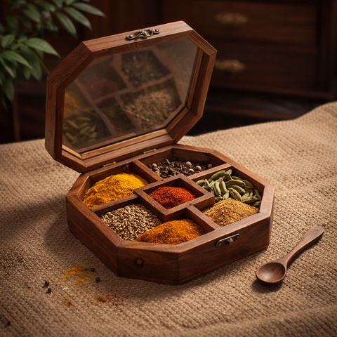 Classic Indian Wooden Spice Organizer with Transparent Lid | 5 Partition Masala Box with Spoon - 8 Inch