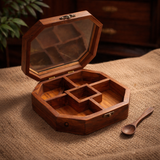 Classic Indian Wooden Spice Organizer with Transparent Lid | 5 Partition Masala Box with Spoon - 8 Inch