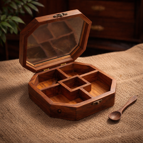 Classic Indian Wooden Spice Organizer with Transparent Lid | 5 Partition Masala Box with Spoon - 8 Inch