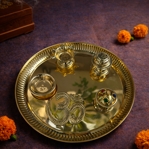 Pooja Thali Set | Brass Material | Golden | Attached Diya, Incense Stand, Sindoor Box and Bowl | 8 Inch