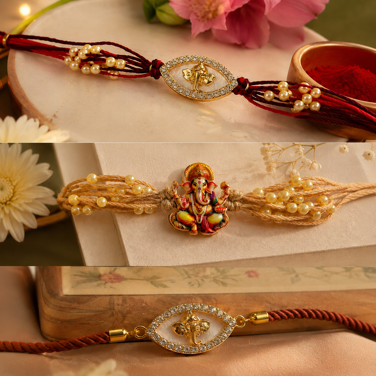 Premium Ganesha Rakhi Collection – Set of 3 with Roli Chawal