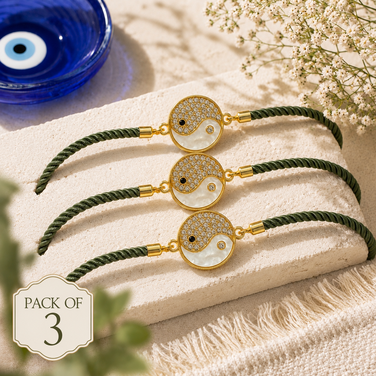 Yin Yang Designer Crystal Rakhi with Adjustable Bracelet Pack of 3 with  – Roli Chawal