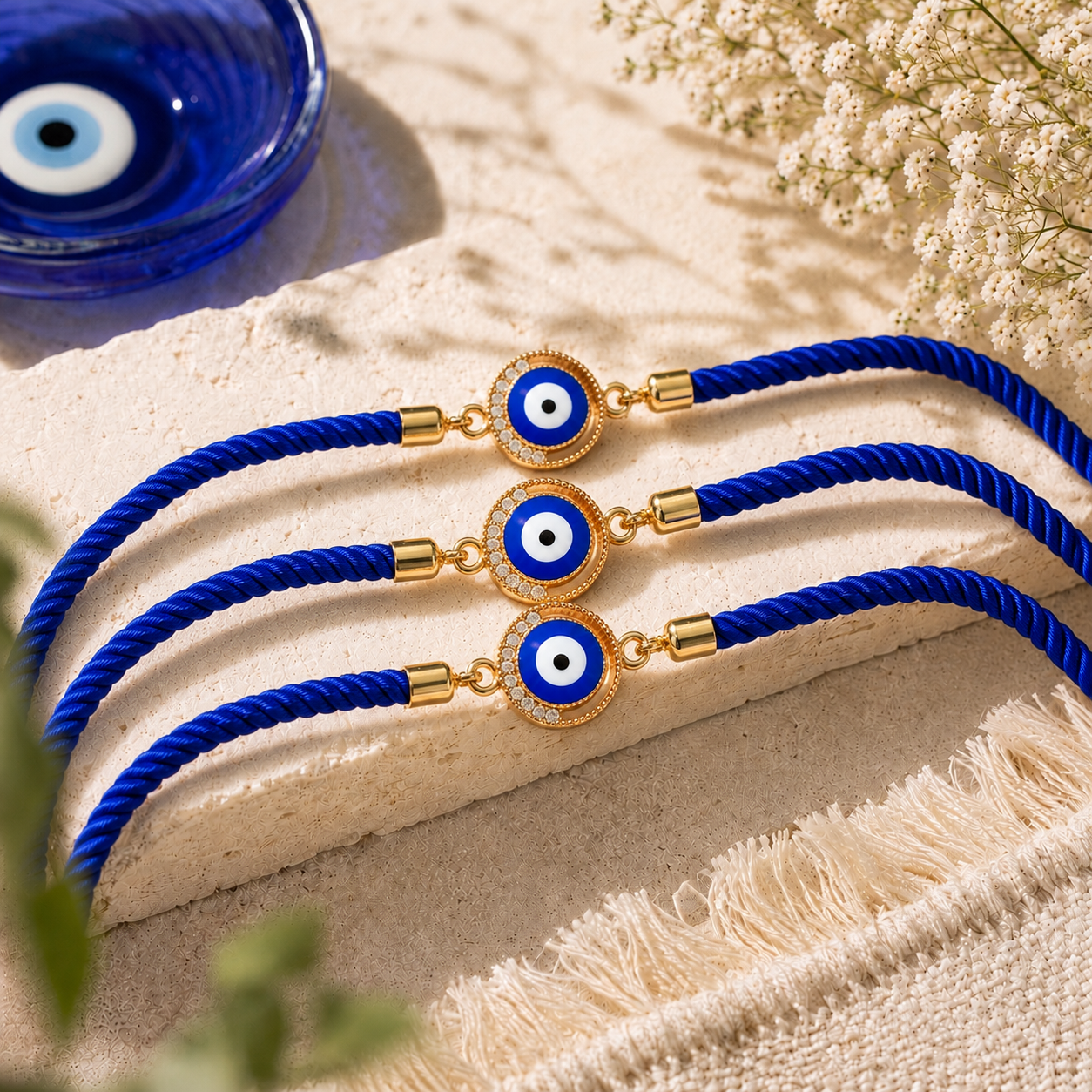 Crystal Evil Eye Rakhi with Premium Adjustable Thread Pack of 3 with Roli Chawal