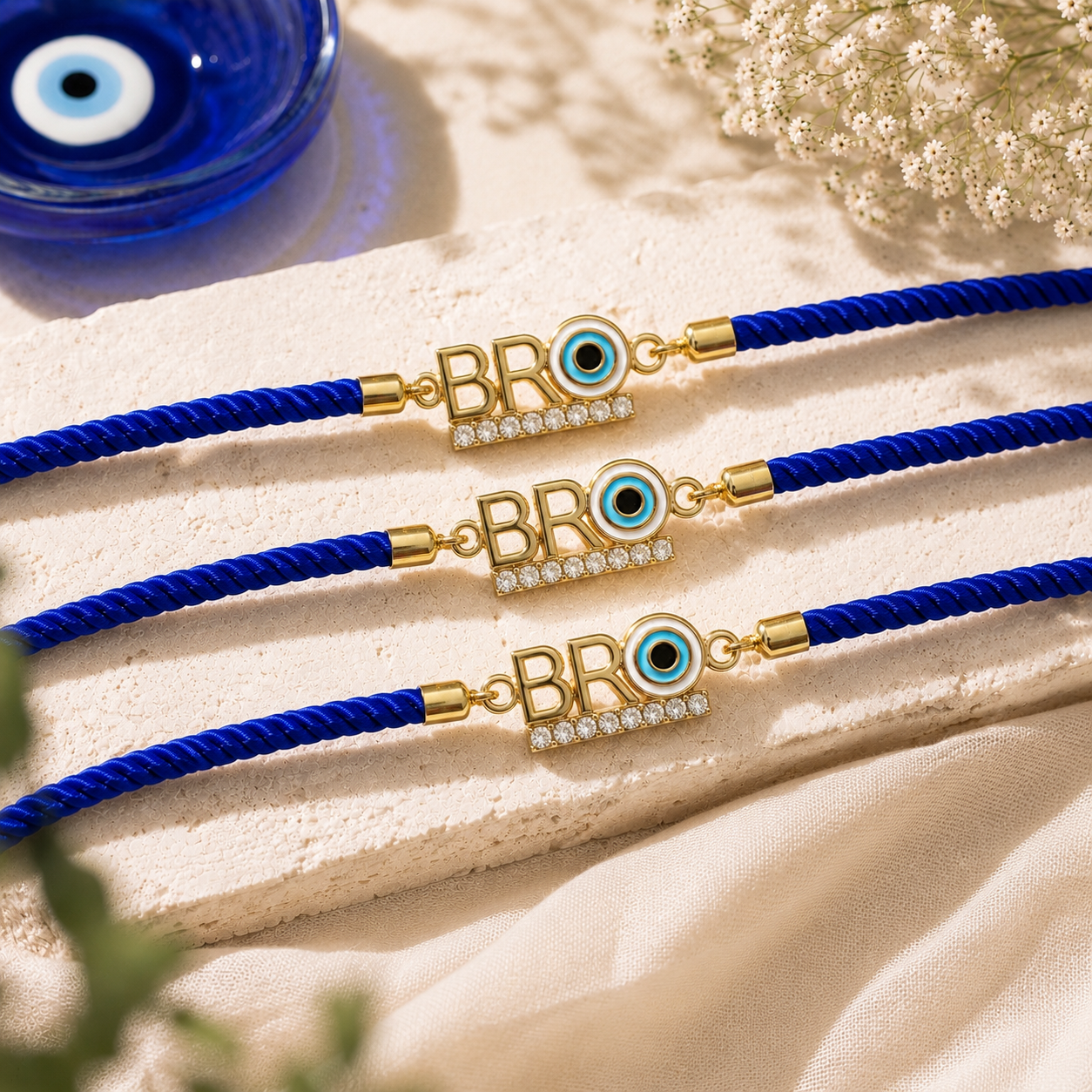 BRO Evil Eye Crystal Designer Rakhi with Premium Adjustable Thread Pack of 3 with Roli Chawal