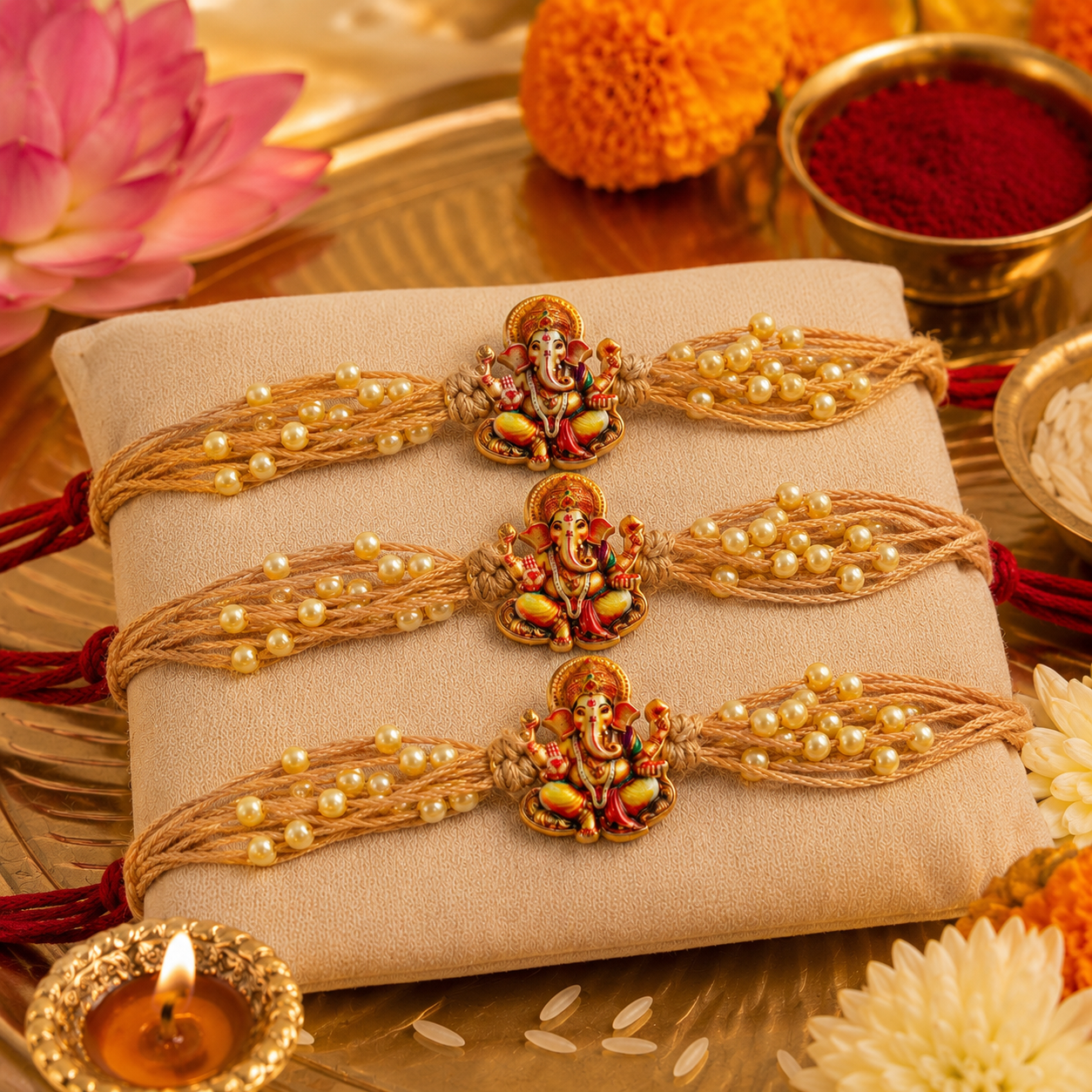 Handcrafted Divine Ganesha Pearl Rakhi for Raksha Bandhan Pack of 3 with Roli Chawal