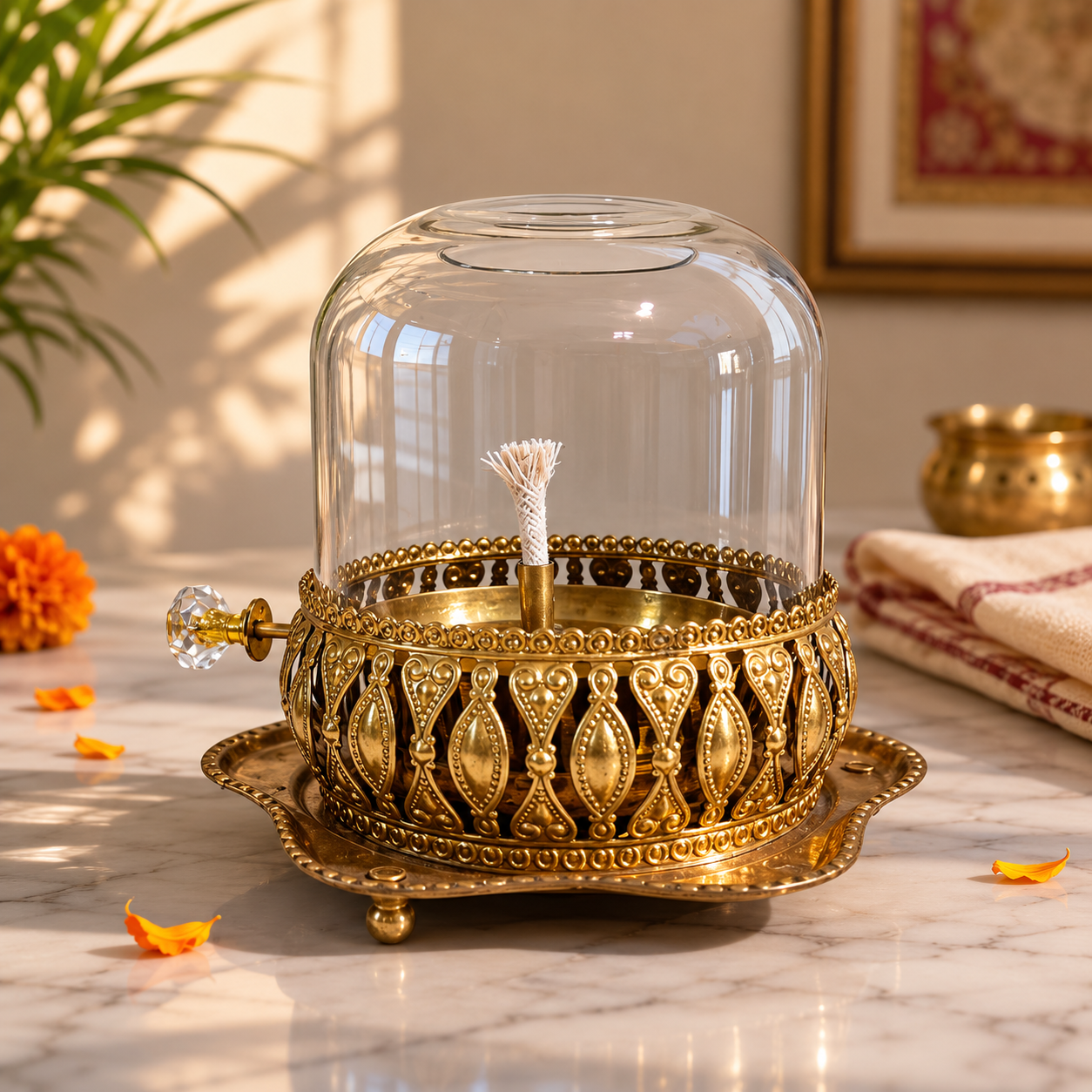 Brass Akhand Jyot Diya With Adjustable Bati Knob( Extra Large,200 Ml )