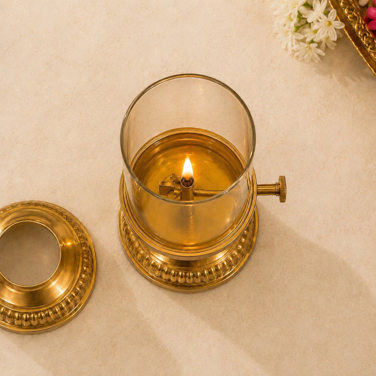 Elegant Brass Oil Akhand Jyot Diya With Adjustable Bati ( Small, 100 ml Capacity )