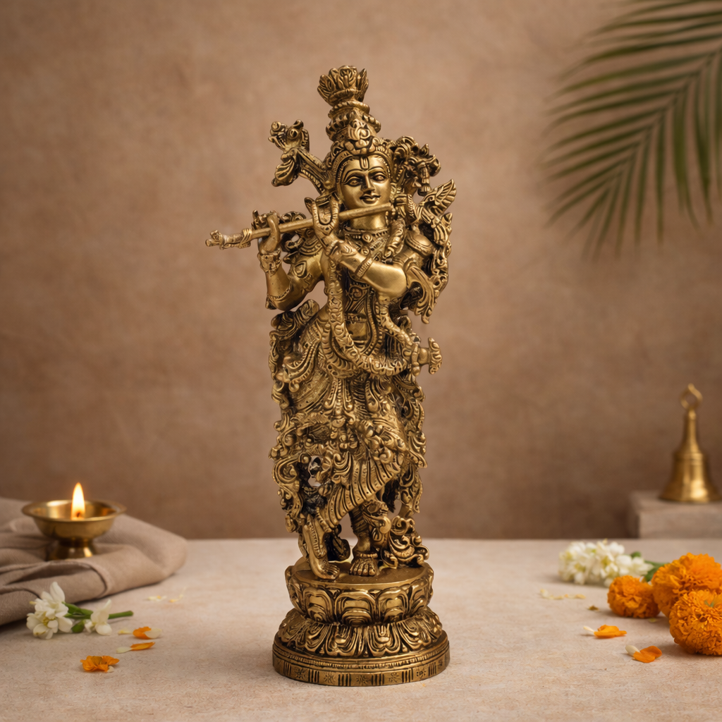 Krishna Murti (Flute Playing Venugopal) in Brass or Home Temple, Pooja & Gifting | 14.5 Inch