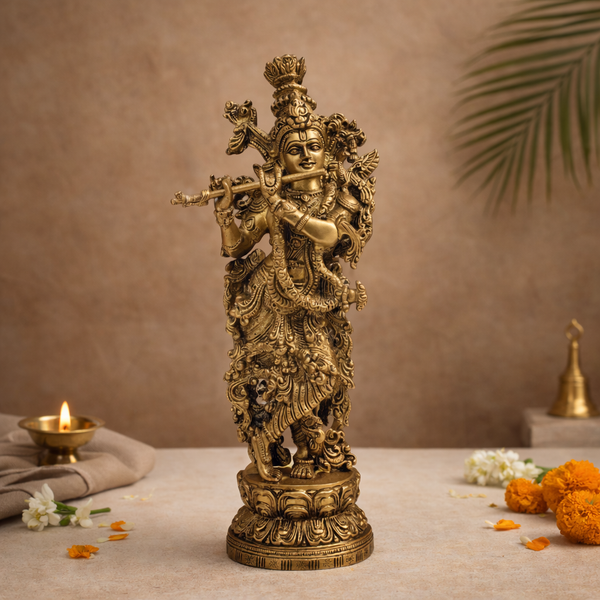 Krishna Murti (Flute Playing Venugopal) in Brass or Home Temple, Pooja & Gifting | 14.5 Inch