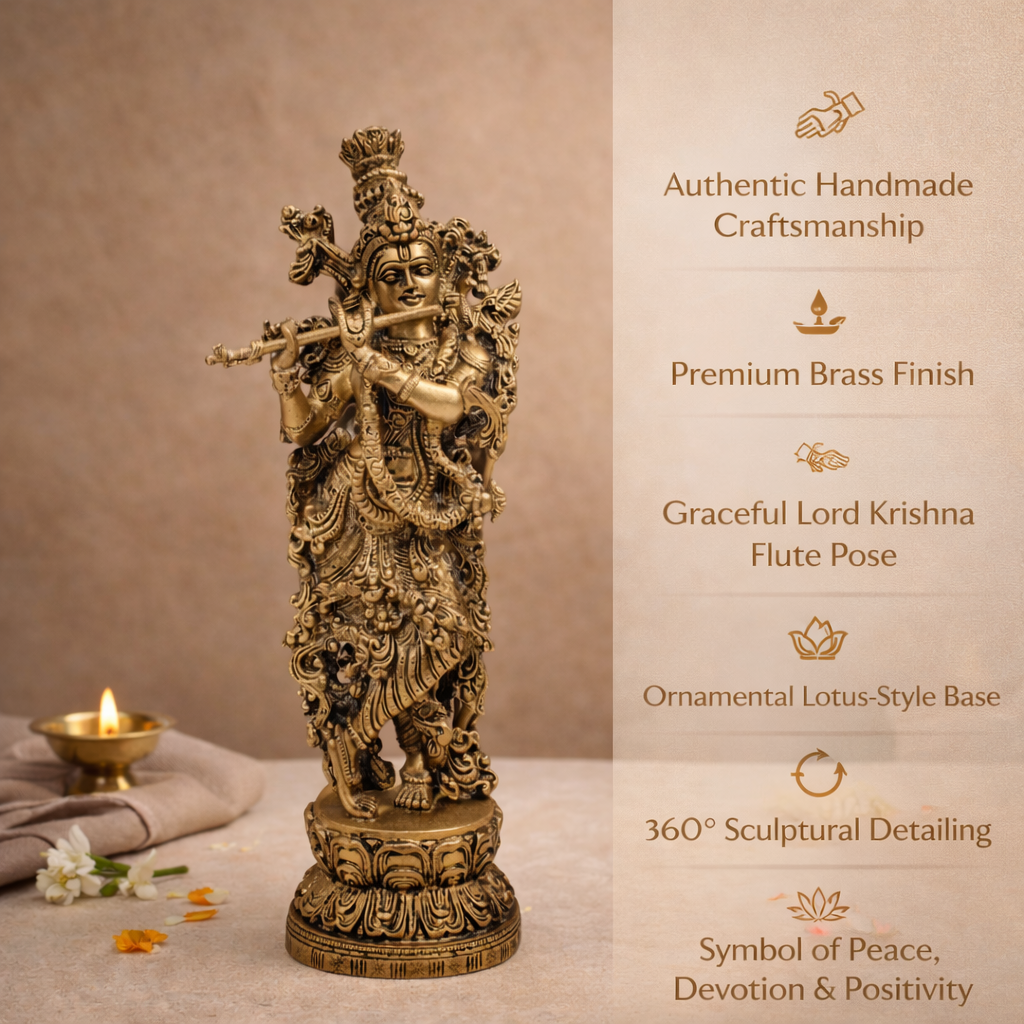 Krishna Murti (Flute Playing Venugopal) in Brass or Home Temple, Pooja & Gifting | 14.5 Inch