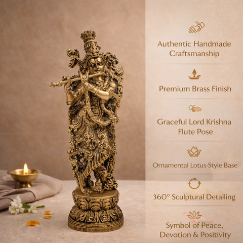 Krishna Murti (Flute Playing Venugopal) in Brass or Home Temple, Pooja & Gifting | 14.5 Inch