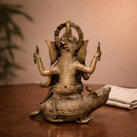 Ganesha Riding on Mushak (Tribal Art Statue) in Brass Idol for Home Décor, Vastu & Pooja |6.2 Inch