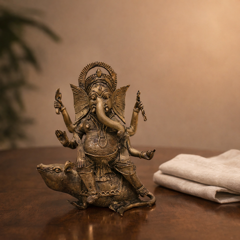 Ganesha Riding on Mushak (Tribal Art Statue) in Brass Idol for Home Décor, Vastu & Pooja |6.2 Inch