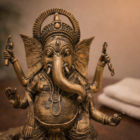 Ganesha Riding on Mushak (Tribal Art Statue) in Brass Idol for Home Décor, Vastu & Pooja |6.2 Inch
