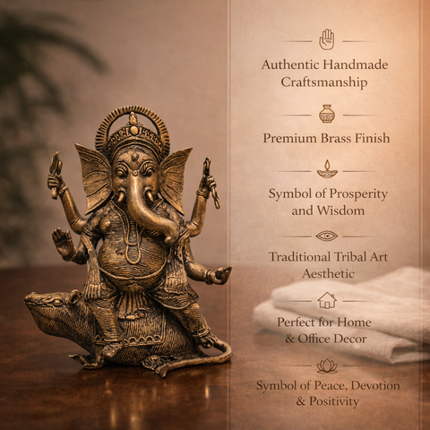 Ganesha Riding on Mushak (Tribal Art Statue) in Brass Idol for Home Décor, Vastu & Pooja |6.2 Inch