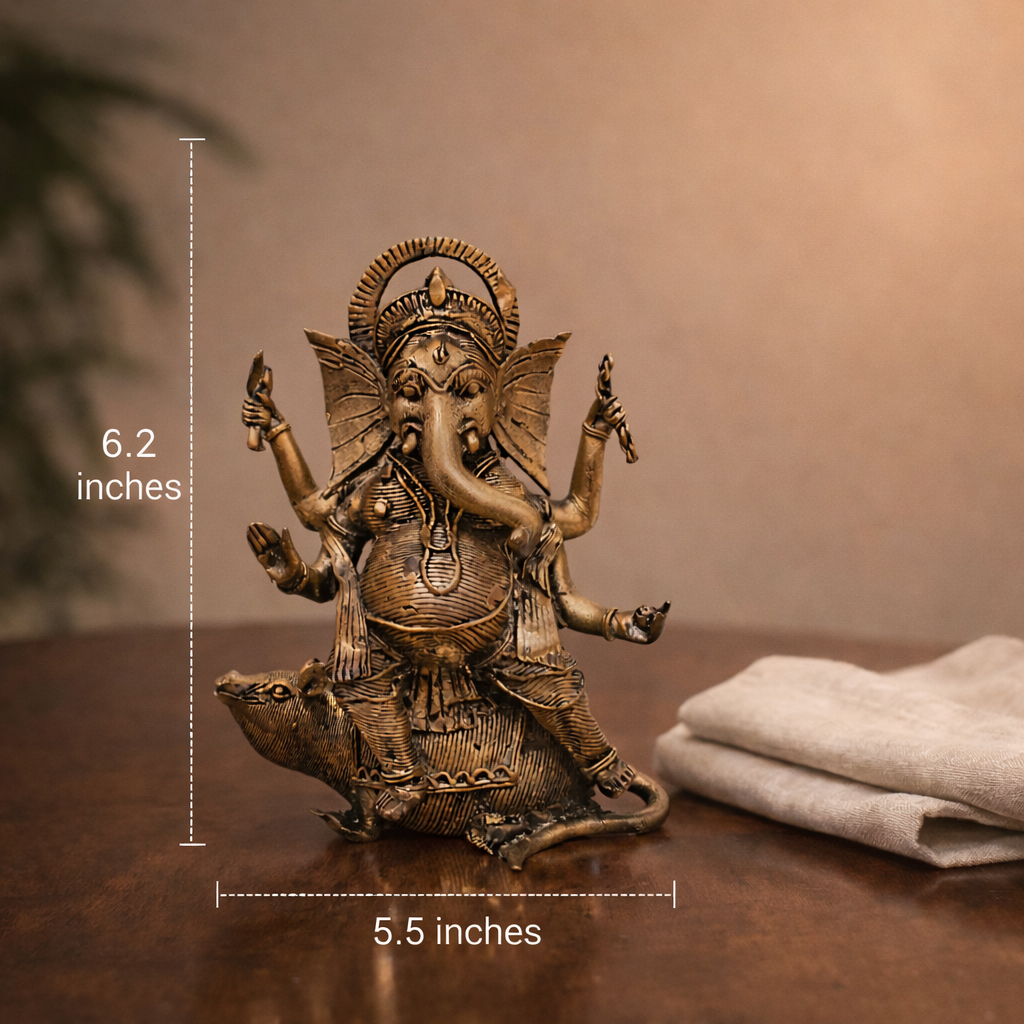 Ganesha Riding on Mushak (Tribal Art Statue) in Brass Idol for Home Décor, Vastu & Pooja |6.2 Inch