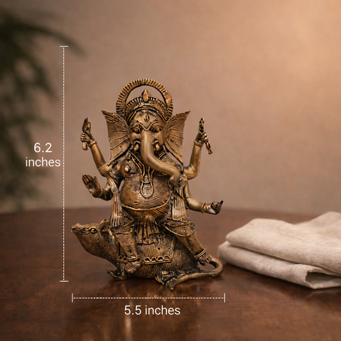 Ganesha Riding on Mushak (Tribal Art Statue) in Brass Idol for Home Décor, Vastu & Pooja |6.2 Inch