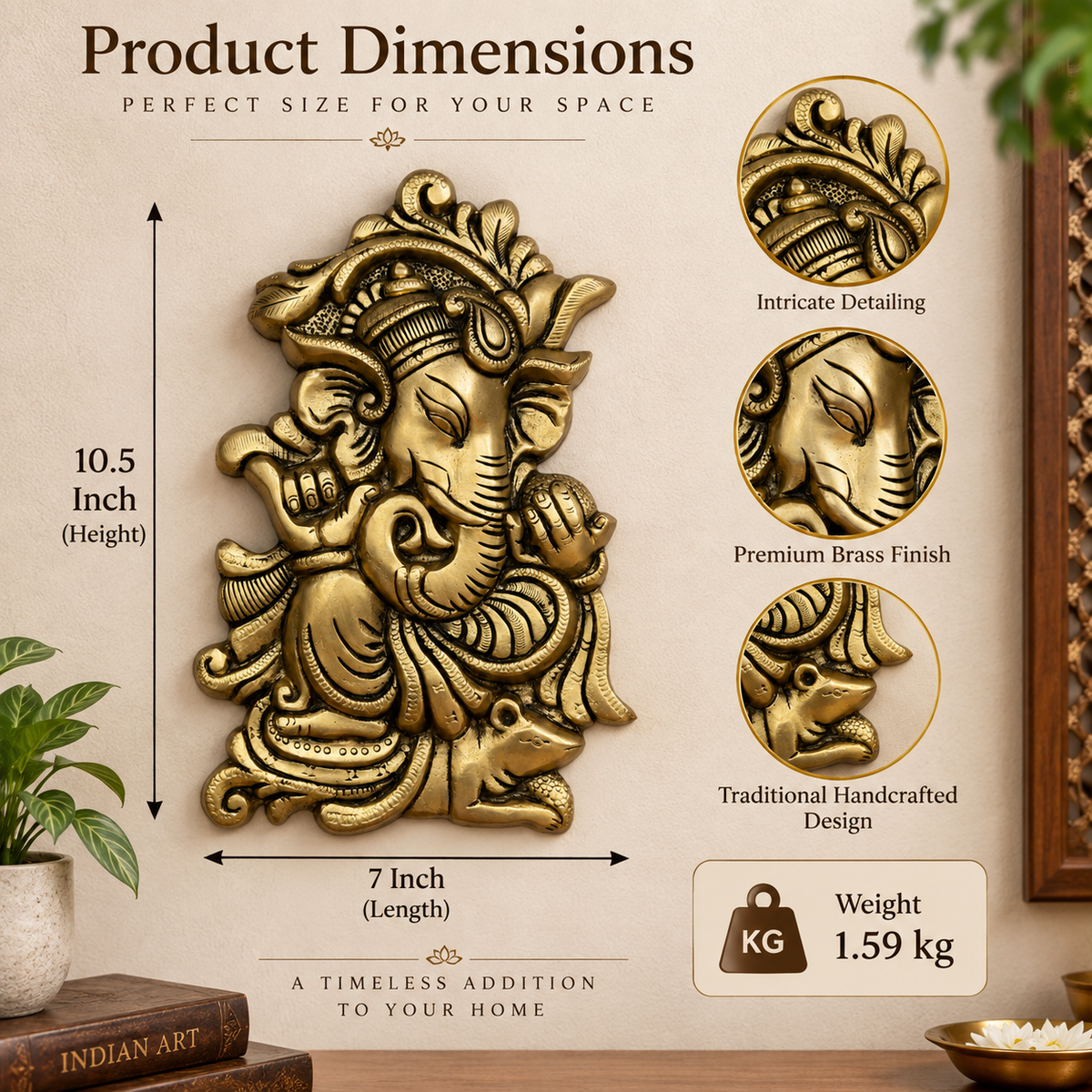 The Advitya Brass Lord Ganesha Wall Hanging | Handcrafted Ganesh Wall Décor for Home, Temple & Entrance