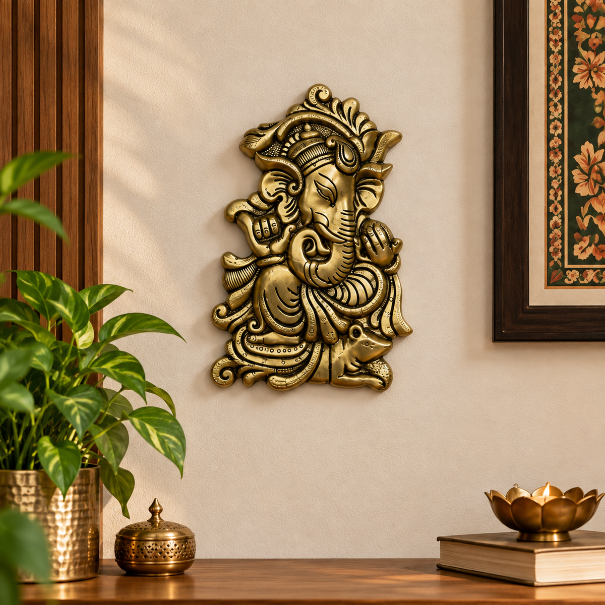 The Advitya Brass Lord Ganesha Wall Hanging | Handcrafted Ganesh Wall Décor for Home, Temple & Entrance
