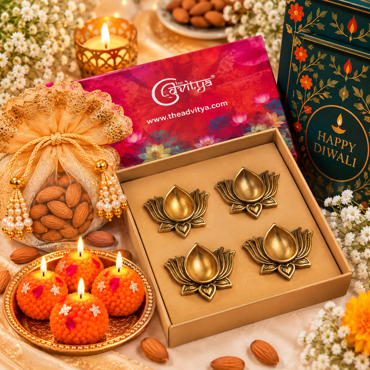 Diwali Gift Hamper with 4 Brass Lotus Diyas, Handmade Candles & Almond Potli