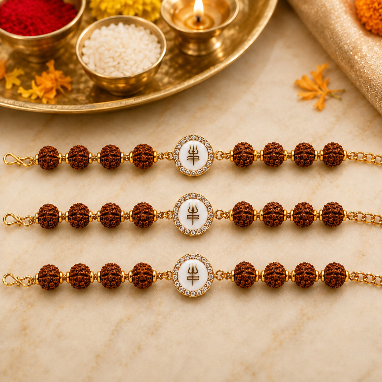 Trishul Rudraksha Rakhi - Traditional Raksha Bandhan Rakhi Set - Pack of 3 with Roli Chawal