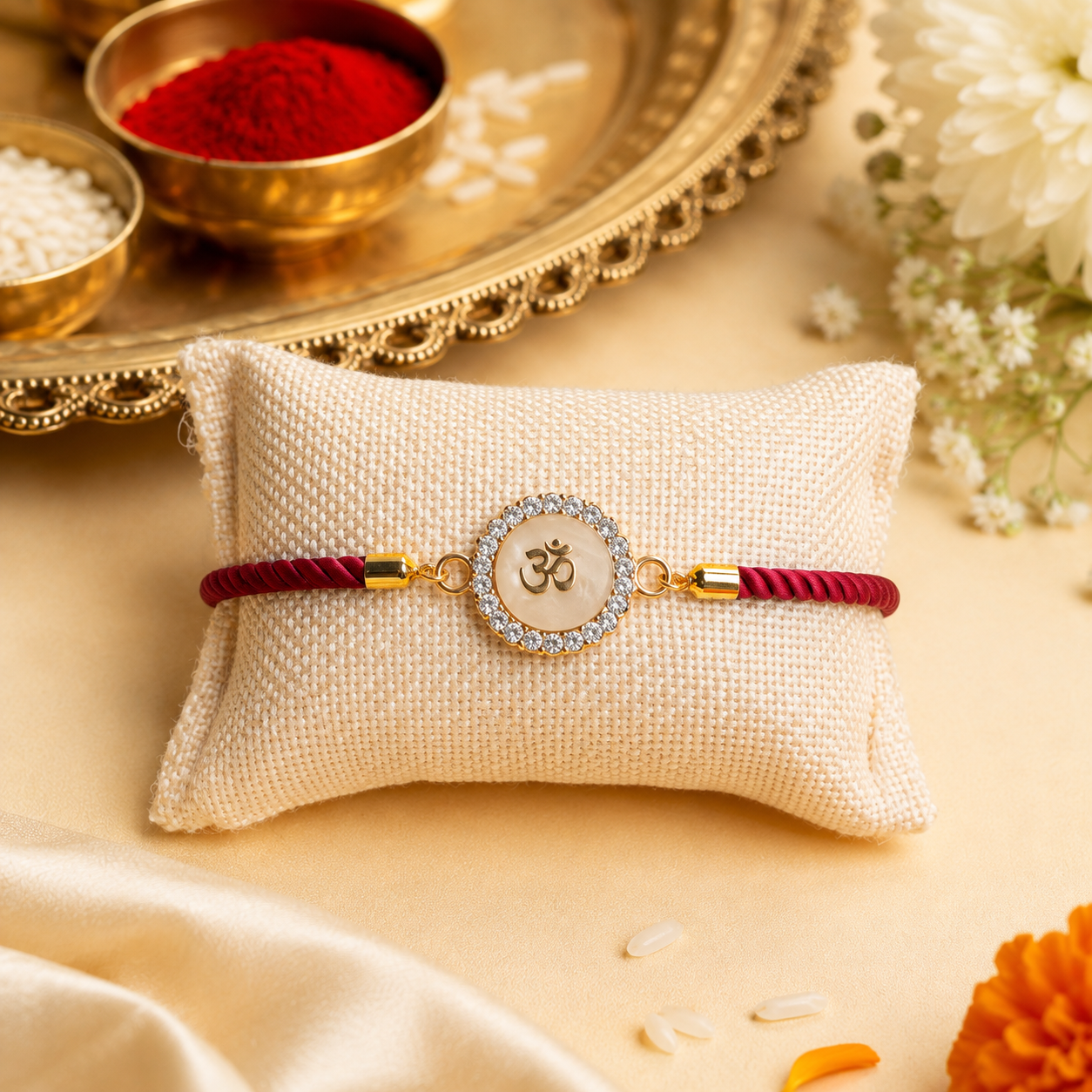 Om Swarovski Charm Bracelet Rakhi Assorted Colours Pack of 5 with Roli Chawal