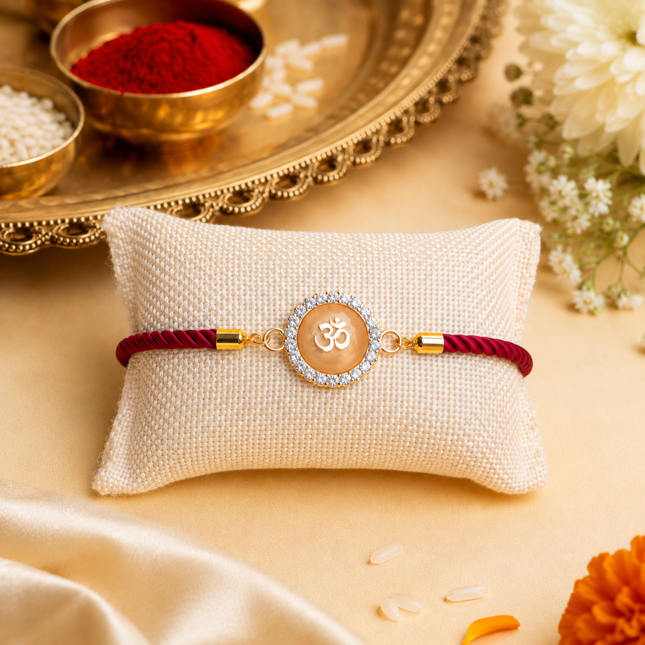 Om Swarovski Charm Bracelet Rakhi Assorted Colours Pack of 5 with Roli Chawal