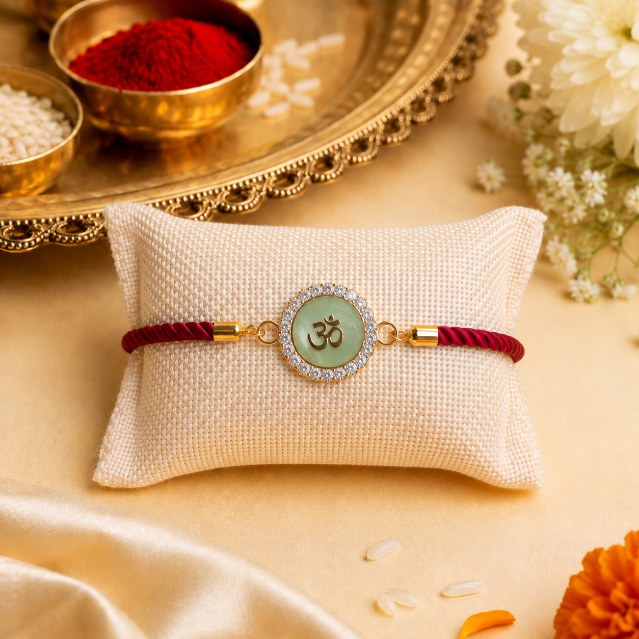Om Swarovski Charm Bracelet Rakhi Assorted Colours Pack of 5 with Roli Chawal