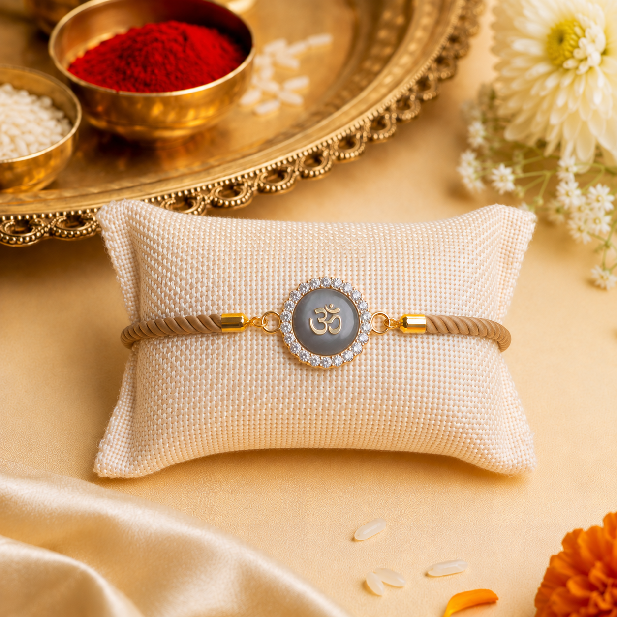 Om Swarovski Charm Bracelet Rakhi Assorted Colours Pack of 5 with Roli Chawal