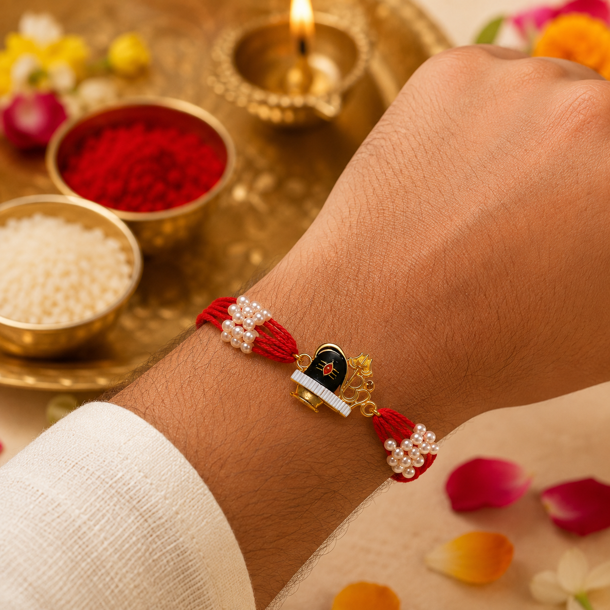Shiva Lingam & Om Rakhi with Pearl Beads - Traditional Raksha Bandhan Rakhi for Brother - Premium Handmade Rakhi - Pack of 1 with Roli Chawal