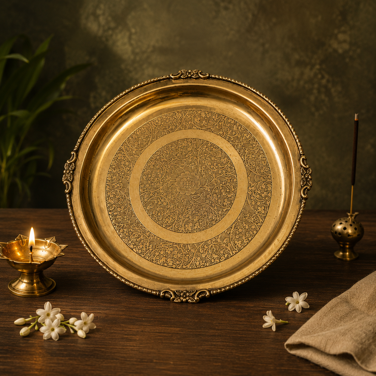 Brass Puja/utility Multipurpose Thali | Premium Engraved Pooja Plate | Accessories Not Included