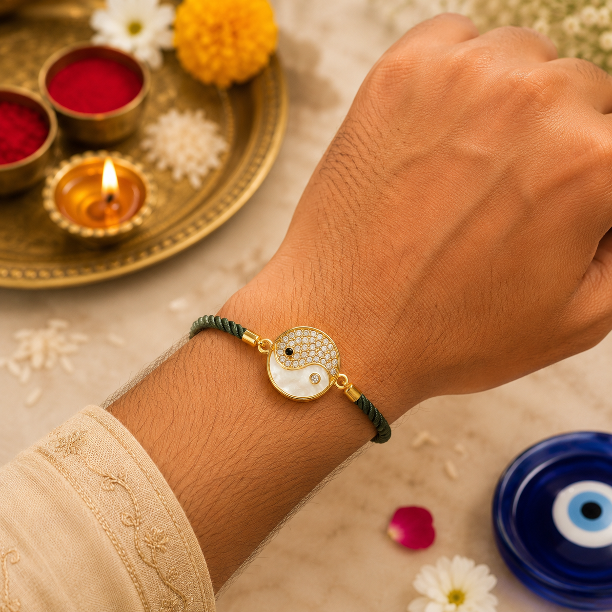 Yin Yang Designer Crystal Rakhi with Adjustable Bracelet – Roli Chawal