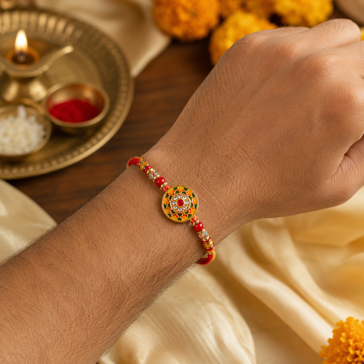 Meenakari Yellow Rakhi For Brother With Roli Chawal