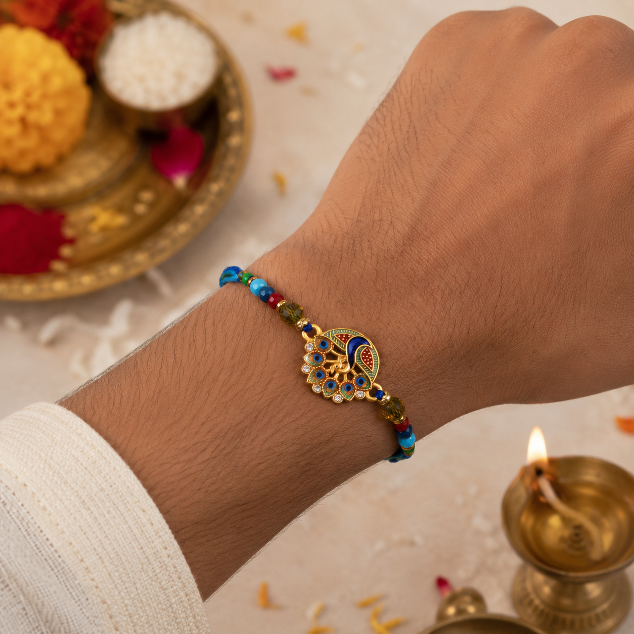 Peacock Dancing Rakhi in Thread For Brother With Roli Chawal