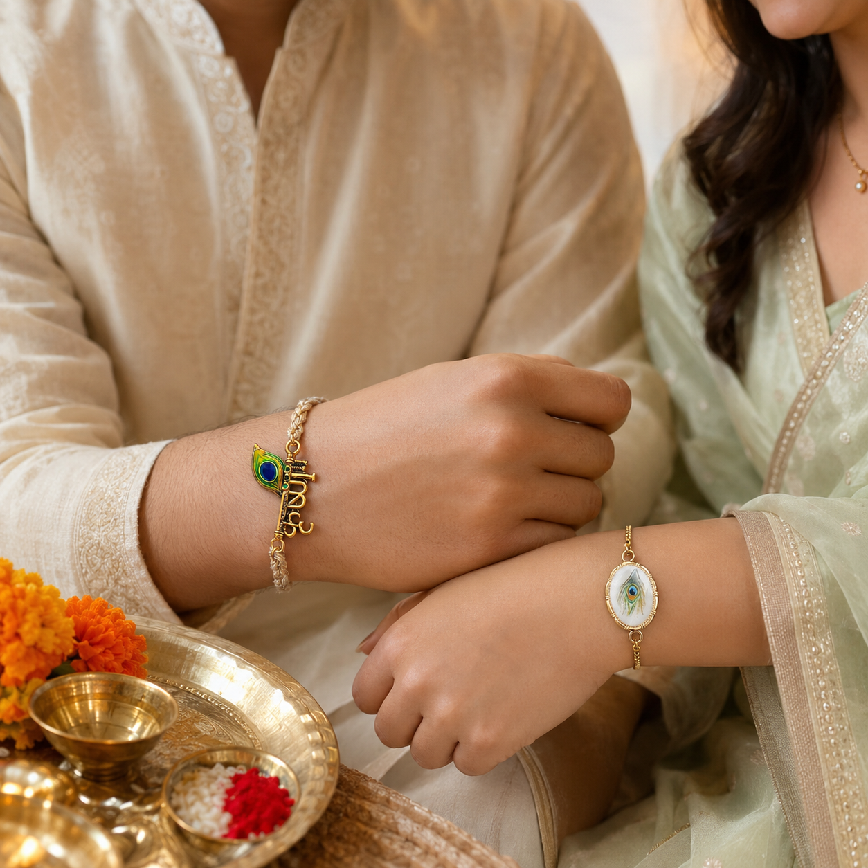 Krishna Feather Rakhi For Bhaiya Bhabhi (Roli + Chawal)