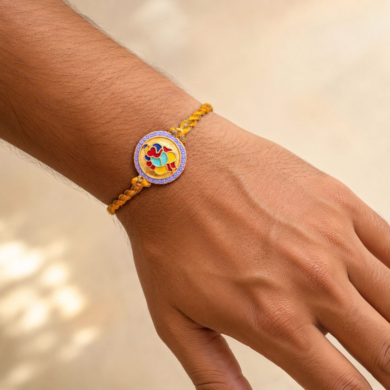 Ganesha Thread Rakhi for Brother With Roli Chawal (Yellow)